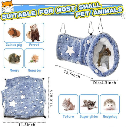 LEFTSTARER Noctilucent Luminous Guinea Pig Rat Hammock Bunkbed Hanging Tunnel and Soft Bed Mat for Ferret Hedgehog Squirrel Hideout Cage Accessories (2. Tunnel and Bunkbed)