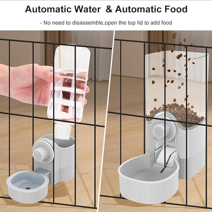 Hanging Cage Automatic Food Water Dispenser, Auto Gravity 1.2L Self-Feeding Feeder and 0.52L Waterer Set, Crate Auto Feeder Dish for Puppy Cats Ferret Bunny Guinea Pig Small Pets (Grey)