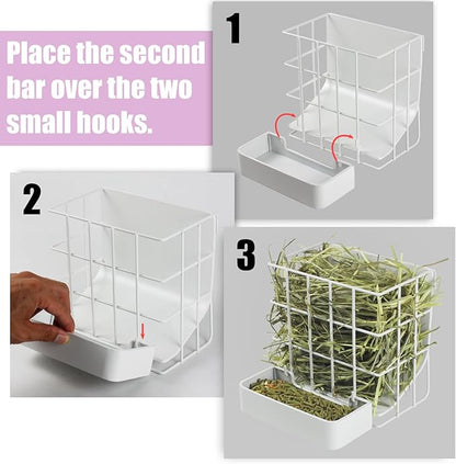 Rabbit Hay Feeder Guinea Pig Hay Feeder, Hay and Food Holder with Hook Heavy-Duty Metal Frame Hay Rack，for Bunny, Guinea Pigs,Chinchillas， Comes with Two Multifunctional Zippers-6.8x6.7x6.6inch