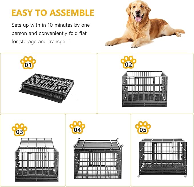 48/42/38 Inch Heavy Duty Indestructible XL Dog Crate Steel Escape Proof, Indoor Double Door High Anxiety Cage, Removable Tray, Kennel with Wheels, Extra Large XXL