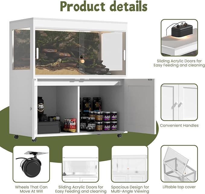 Large 60 Gallon Reptile Terrarium with Storage Cabinet and Sliding Door Handle, Reptile Tank with Legs & Metal Mesh Roof Door – Ideal Habitat Enclosure for Snakes, Lizards, and Geckos
