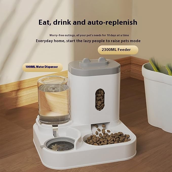 Automatic Pet Feeder and Water Dispenser Set, 2300ML Food Container, 1000ML Water Tank, White