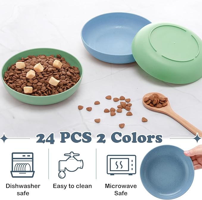 Tioncy 24 Pcs Fatigue Relief Cat Bowl 5.5 Inch Shallow Cat Food Dish Wide and Small Pet Wet Plate Wide Stray Wet Feeding Bowl for Ferrets Feral Short Legged Kitten, Wheat Straw(Blue,Green,Classic)