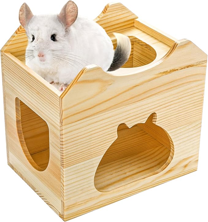 Yesland Wood Chinchilla House, Natural Small Animal Hideout Hut for Chinchilla, Squirrel, Sugar Gliders in Cage -Ventilated Wooden Hamster Habitat with Multiple Doors - 8.5 X 6 X 8 Inches
