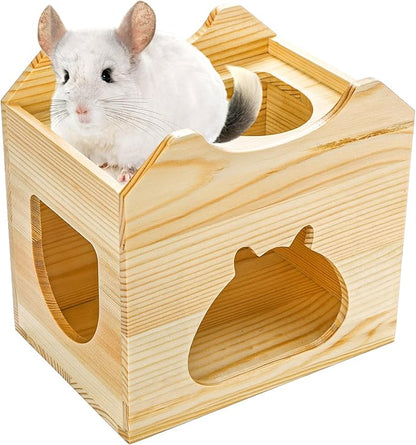 Yesland Wood Chinchilla House, Natural Small Animal Hideout Hut for Chinchilla, Squirrel, Sugar Gliders in Cage -Ventilated Wooden Hamster Habitat with Multiple Doors - 8.5 X 6 X 8 Inches
