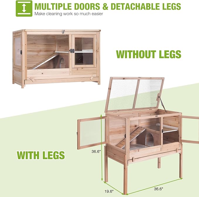 GUTINNEEN Guinea Pig Cages with Anti Chewing Sturdy Plastic Floor and Cool Zinc Plate, Indoor Rabbit Hutch with Hideout and PVC Platform, Elevated Legs Hamster Cage 36.6" L (Nature)