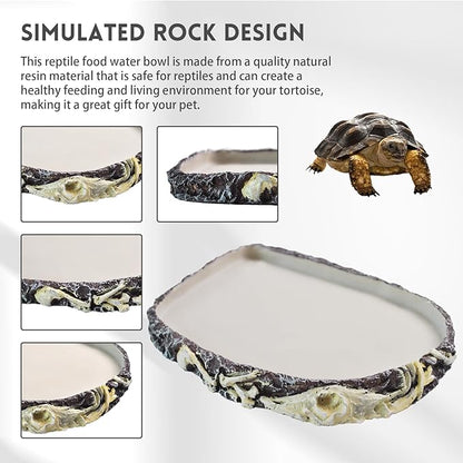 Reptile Water Food Bowl Resin Rock,Flat Tortoise Water Feeding Plate Bowl Reptile Habitat Terrarium Enclosure Tank Accessories for Turtle Bearded Dragon Lizard Gecko Chameleon