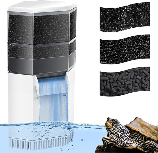 Turtle Aquarium Filter 3-Stage Turtle Filter for Low Water Level Tanks, 225GPH Super Quiet Waterfall Turtle Tank Filter Reptile Filter, Low Water Filters for Turtle Tanks 10-40 Gallon Water