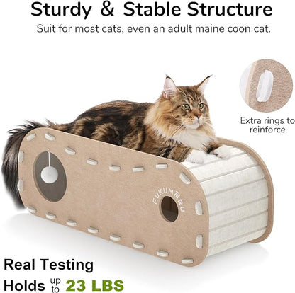 FUKUMARU Cat Beds for Indoor Pets, 31.5 Inches Extra-Large Cat Cave for Multi-Pet, Cozy House with Fluffy Ball Hanging, Scratch Resistant Felt Kitten Hideaway Bed, Feline Tunnel, Beige