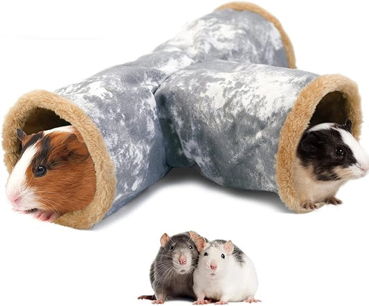 LeerKing Guinea Pig Tunnel 3 Way, Small Animal Hideout Toy Washable Canvas Fleece Tube Play Tunnel for Rats Ferret Bunny Gerbil Sugar Glider Chinchilla, Grey