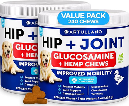 (2 Pack) Hemp Hip and Joint Supplement for Dogs - Glucosamine for Dogs Joint Pain Relief - Chews with Chondroitin, MSM, Hemp Oil - Mobility Support - Canine Cartilage Health - Made in USA