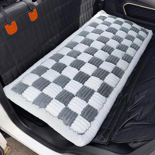 Dog Car Seat Cover for Back Seat, Plaid Backseat Pet Bed Mat, Non-Slip Travel Dog Bed for Backseat Extenders, 24.8" x 54", Grey and White