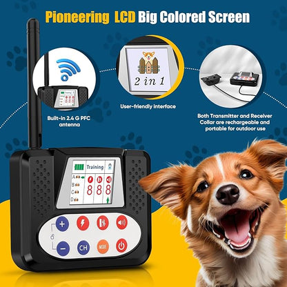 Wireless Dog Fence System, Electric Fence for Dogs with Big LCD Screen, 2 in 1 Portable Wireless Pet Perimeter for Outdoor, Remote Training collar, Adjustable Collar for Big Medium Dogs (For 2 Dogs)