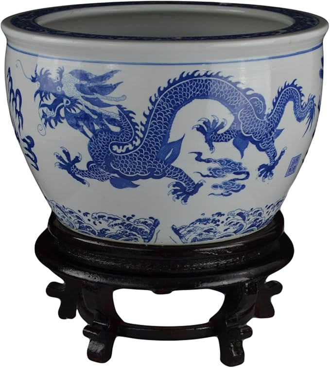 16" Porcelain Blue and White Fishbowl. Fish Bowl Two Dragons Playing with Super Pearl Chinese