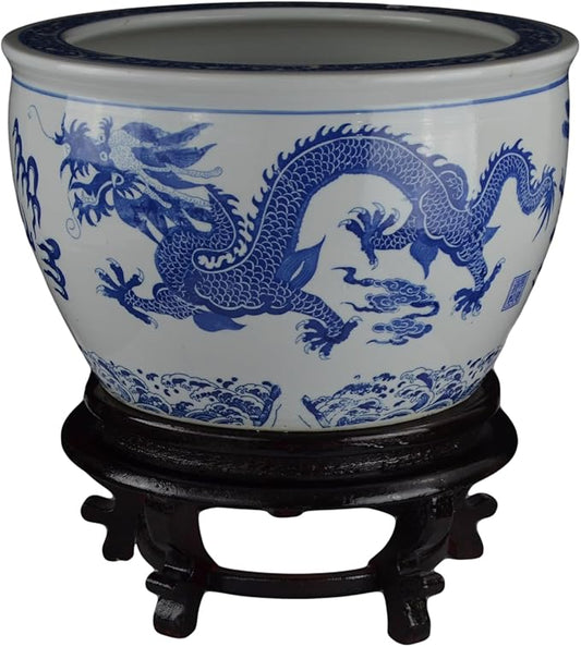 16" Porcelain Blue and White Fishbowl. Fish Bowl Two Dragons Playing with Super Pearl Chinese