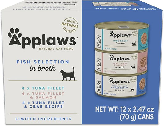 Applaws Natural Wet Canned Cat Food, Limited and Natural Ingredients, High Protein with No Artificial Additives, Fish Selection Variety Pack in Broth (12 x 2.47oz Cans)