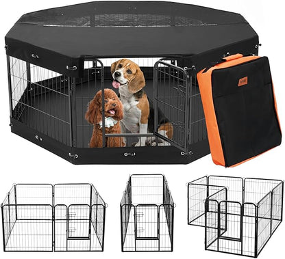 VEVOR Foldable Dog Playpen, 8-Panel Metal Pet Exercise Pen, 24"x24" Dog Fence with Door, Storage Bag, Top Cover, and Bottom Pad for Indoor and Outdoor Use - Ideal for Dogs, Cats, and Small Animals