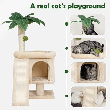 Meowoou Palm Cat Tree Tower for Indoor Cats with Cozy Cat Condo, 33'' Natural Sisal Scratching Posts and Plush Pom-pom for Small Kitty