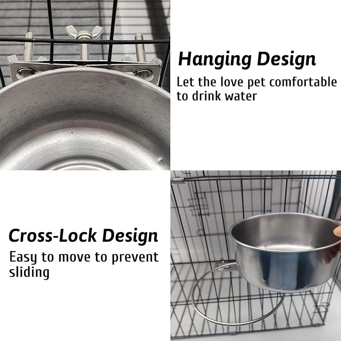 Hamiledyi 2 Pcs Dog Crate Bowl Stainless Steel Puppy Bowls Durable Spill-Proof Pet Water Bowl Hanging Water/Food Metal Bowls for Puppy Medium-Sized Dogs Cats (4.7" x 2" & 6.3" x 2.3")
