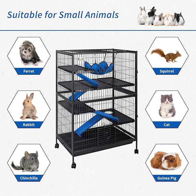 Polar Aurora Metal Small Animal Cage 5 Tiers Homes for Pets Removable Ferret Cage with Lockable Wheels, 50" H Deluxe Chinchilla Cage with Hammock and Removable Tray