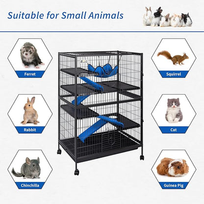 Polar Aurora Metal Small Animal Cage 5 Tiers Homes for Pets Removable Ferret Cage with Lockable Wheels, 50" H Deluxe Chinchilla Cage with Hammock and Removable Tray