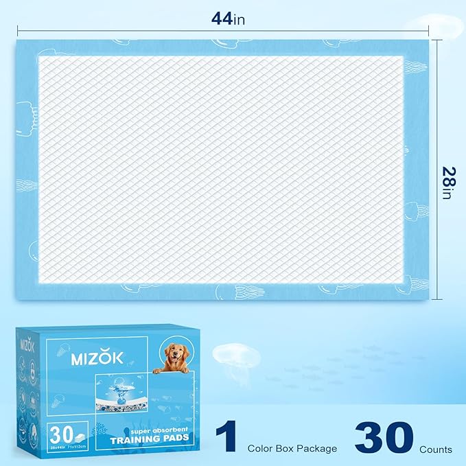 MIZOK Dog Pee Pads 28x44in Extra Long Dog Pads 12 Cups Superior Absorption Leak-Proof Pee Pads for Dogs Marine Scented Odor-Control Puppy Pads with Jellyfish Pattern (30 Counts)