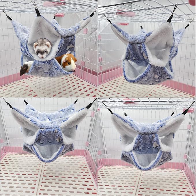 LEFTSTARER Noctilucent Luminous Guinea Pig Rat Hammock Hanging Triple-Layer Hammock Bedding for Ferret Hedgehog Squirrel Hideout Cage Accessories (Cloud & Stars)