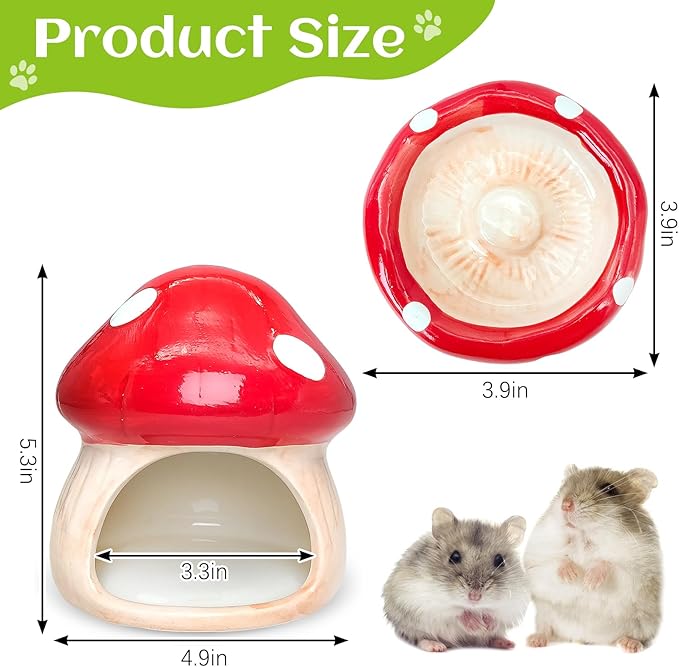 BNOSDM Ceramic Hamster Hideout and Food Bowl Set Cute Mushroom Shape Hamster House and Habitat Cool Hamsters Hide Suitable for Syrian, Mice, Dwarf Hamsters, Gerbils (Red)