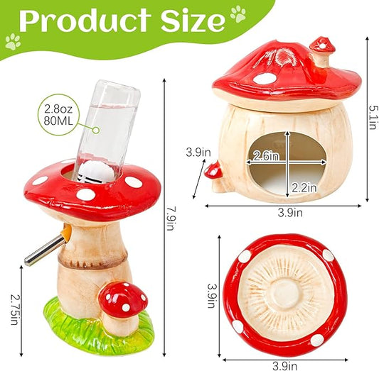BNOSDM 3 in 1 Ceramic Hamster Hideout Hamster Food Bowl Hamster Water Bottle with Stand for Glass Tanks - Mushroom Shape Hamster Cage Accessories Cool Hides for Dwarf Syrian Mice Gerbils (Red)