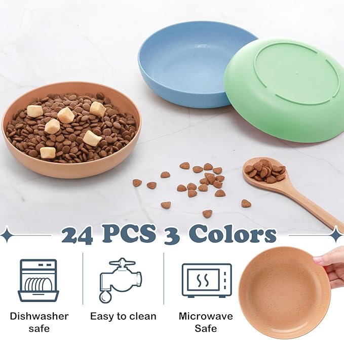 Tioncy 24 Pcs Fatigue Relief Cat Bowl 5.5 Inch Shallow Cat Food Dish Wide and Small Pet Wet Plate Wide Stray Wet Feeding Bowl for Ferrets Feral Short Legged Kitten, Wheat Straw(Three Color,Classic)