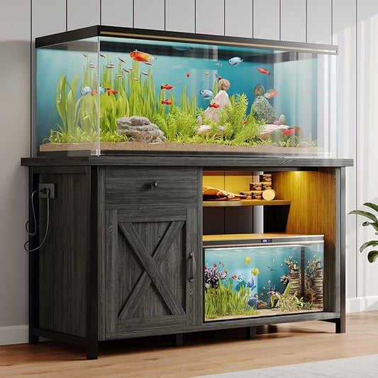 4ever2buy 55-75 Gallon Fish Tank Stand with Power Outlets, LED Light, Heavy Duty Aquarium Stand with Cabinet for Fish Tank Accessories Storage, for Turtle Tank, Reptile Terrarium, 1100LBS, Gray