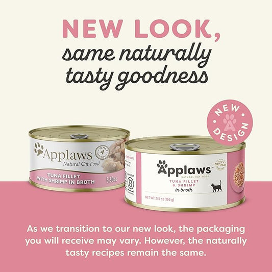 Applaws Natural Wet Cat Food, 24 Count, Limited Ingredient Canned Wet Cat Food, Tuna Fillet with Shrimp in Broth, 5.5oz Cans