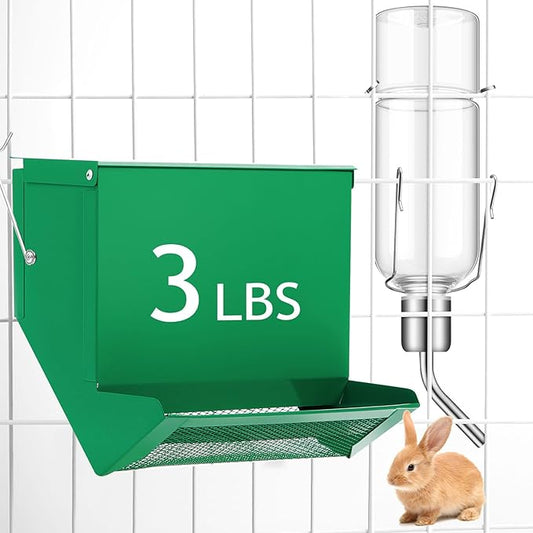 Maxcheck 2 Pack Rabbit Feeder and 12 oz Water Bottle for Cages Pet Food Water Dispenser with Lid Metal Feeders Outside for Guinea Pig Hamsters Chinchillas Gerbils and Other Small Animals (3 Lbs)