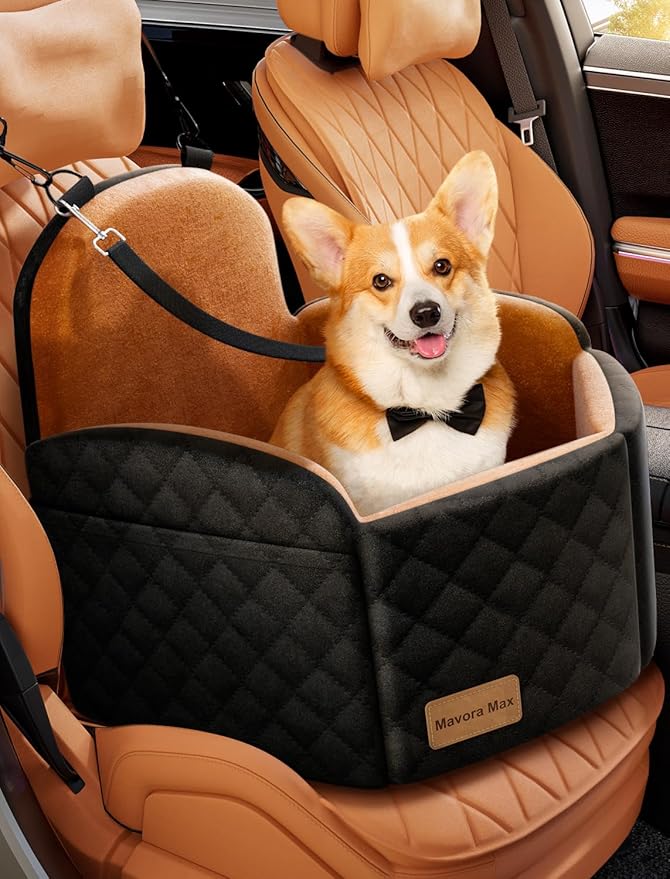 (Up to 35lbs Small/Medium Dog Car Seat Booster Dog Seat for Car Portable with Adjustable Seatbelts Puppy Travel Carrier for SUV,Truck, with Memory Foam Cushion (Black/Brown)