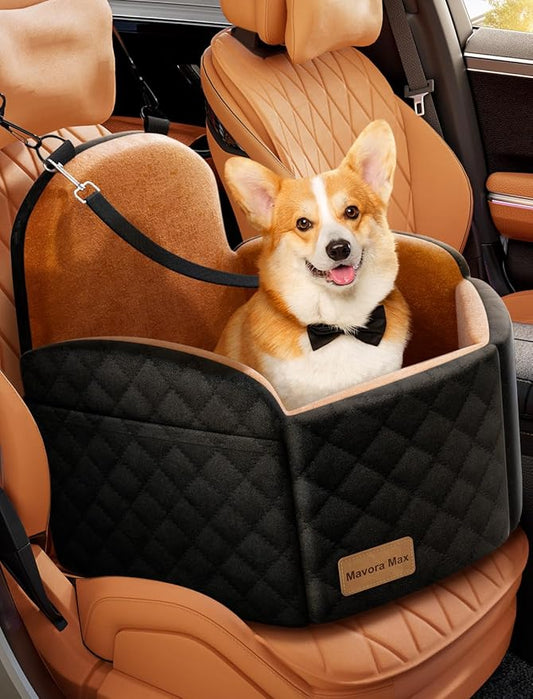 (Up to 35lbs Small/Medium Dog Car Seat Booster Dog Seat for Car Portable with Adjustable Seatbelts Puppy Travel Carrier for SUV,Truck, with Memory Foam Cushion (Black/Brown)