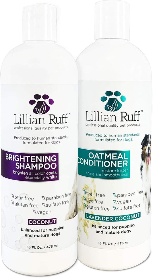 Lillian Ruff Brightening Shampoo & Oatmeal Conditioner Set for Dogs – Safe for Cats - Tear Free Coconut Scent with Aloe for Normal, Dry & Sensitive Skin