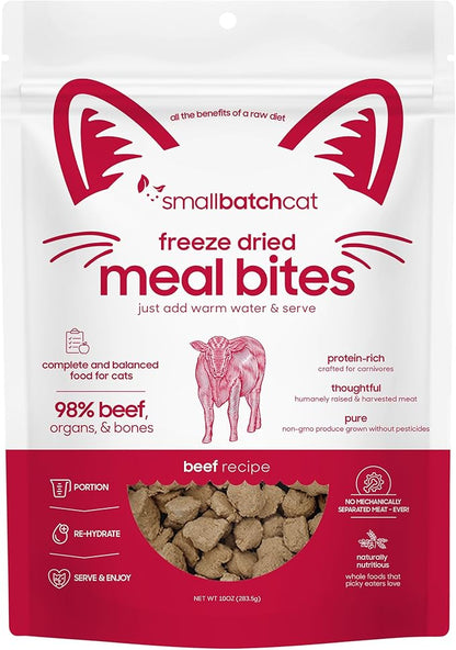 smallbatch Freeze-Dried Raw Cat Food, Shelf Stable Food Bites, Beef Recipe, High Protein Meal or Topper for Cats, Humanely Raised Meat, Organic, Non-GMO Produce, Made in The USA, 10oz Bag