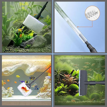 Carefree Fish 7IN1 Aquarium Cleaning Tools Long Handle Adjustable Length 18~24Inch Fish Tank Cleaner Kit Alage Scraper Scrubber Brushes Set Plant Scissor Long Tweezer