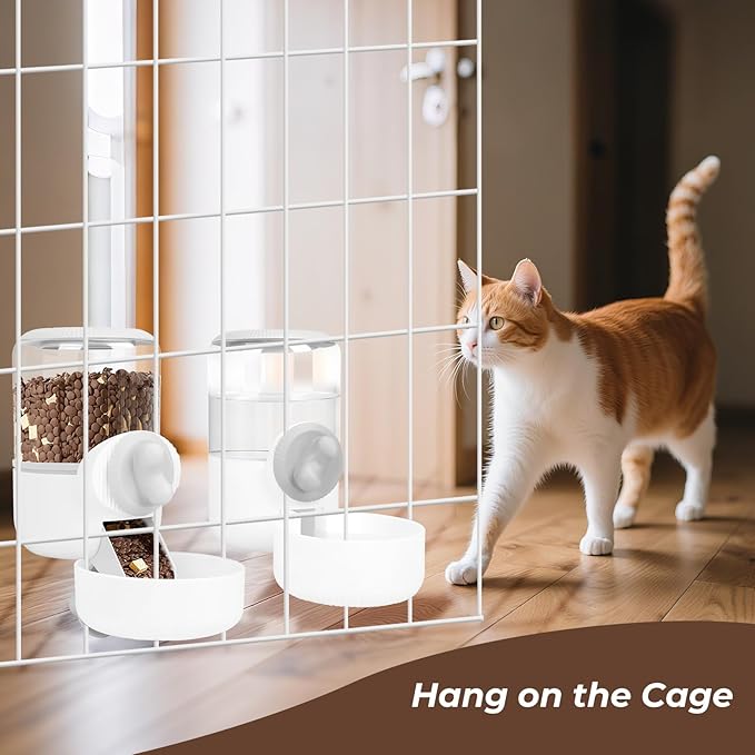 Hanging Cage Automatic Food Water Dispenser with Separate 1.3L Food Bowl and 0.9L Waterer, Kennel Gravity Pet Feeder Set Crate Auto Feeder Dish for Small Pets Cat Puppy Ferret Bunny Guinea Pig