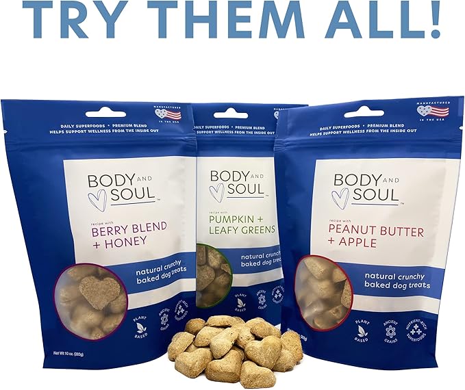 Body and Soul PB+A Berry Blend & P+LG Natural Crunchy Baked Dog Treats 10oz Multi (2 Pack Pumpkin + Leafy Greens)