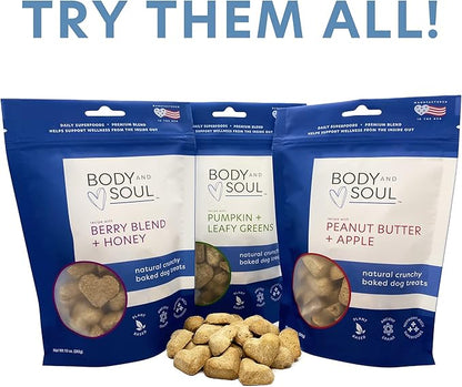 Body and Soul PB+A Berry Blend & P+LG Natural Crunchy Baked Dog Treats 10oz Multi (2 Pack Pumpkin + Leafy Greens)