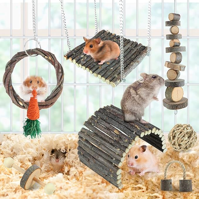Hamster Toys Rat Toys Chinchilla Toys Hamster Chew Toys Cage Accessories Apple Wood Sticks Ladder Bell Roller for Gerbil Guinea Pigs and Other Small Animal