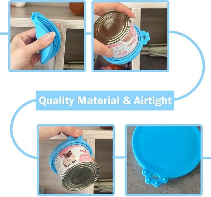 Pet Can Opener & 3 Pcs Cat Food Can Lids | Universal BPA Free Silicone Covers & Multi-Function Wet Food Spoon for Cat and Dog Food(Blue)