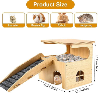 Upgraded Thickened Board Wooden Guinea Pig Castle Hideout - Spacious & Long-Lasting Small Pet Mansion with Stairs & Mat for Guinea Pigs, Chinchillas, Rats, Hamsters, and Bunnies
