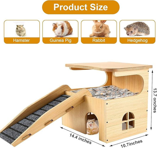 Upgraded Thickened Board Wooden Guinea Pig Castle Hideout - Spacious & Long-Lasting Small Pet Mansion with Stairs & Mat for Guinea Pigs, Chinchillas, Rats, Hamsters, and Bunnies
