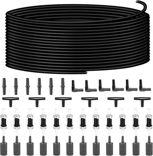 Aquarium air Pump Accessories Set-9.84/26.25/101.71 feet Aquarium Airline tubing Hose,Check valves,air Stones and connectors of I,L,T Shape (101.71feet Hose 12stone 12check Valve 18connector)