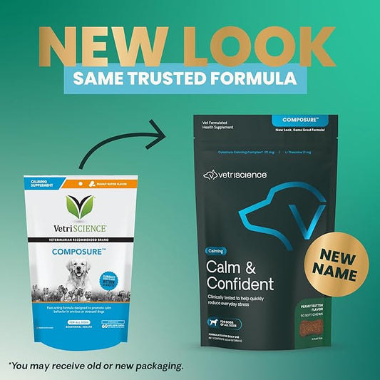 VetriScience Calm & Confident Chews, Composure Clinically Tested Anxiety and Calming Chews for Dogs, Reduce Stress, Ideal for Thunderstorms, Fireworks and Travel, Peanut Butter, 60 Count