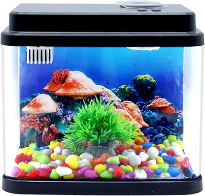 Mini Fish Tank Small Aquarium 1 Gallon Fish Bowl 6 Color Auto-Looping Light 3 in 1 Quiet Pump with Filteration & Oxygenation & Circulation,Submarine Background,Thickened Base