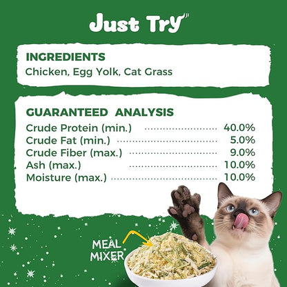 Just Try 8 oz Cat Grass Treats Freeze Dried Cat Food Toppers Mixers Hairball Control Low Calorie Real Chicken Egg Yolk Dental Care Healthy Cat Snacks Treats for Indoor Cats