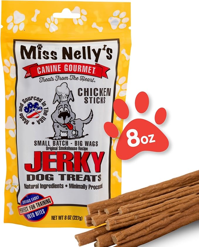 Miss Nelly's - Chicken Jerky Dog Treats - Soft Sticks - USA Made and Sourced - Original Smoke House Recipe - Small Batch Chicken Jerky for Dogs - Minimally Processed - 8 oz. Bag